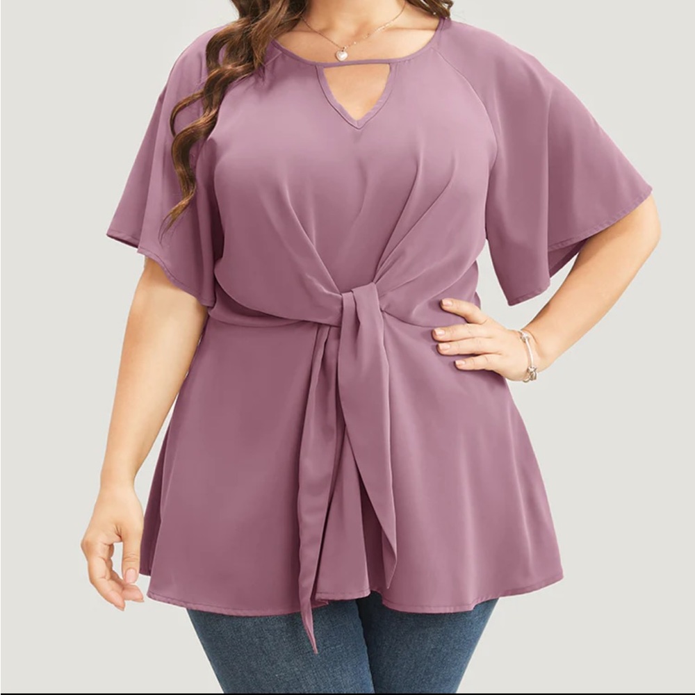 Plain Keyhole Knotted Front Ruffle Sleeve Blouse